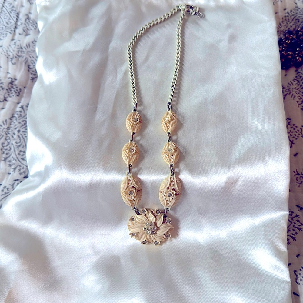 Vintage Rare Find, Celluloid and Rhinestone,  Cream Necklace, Japan 1950’s